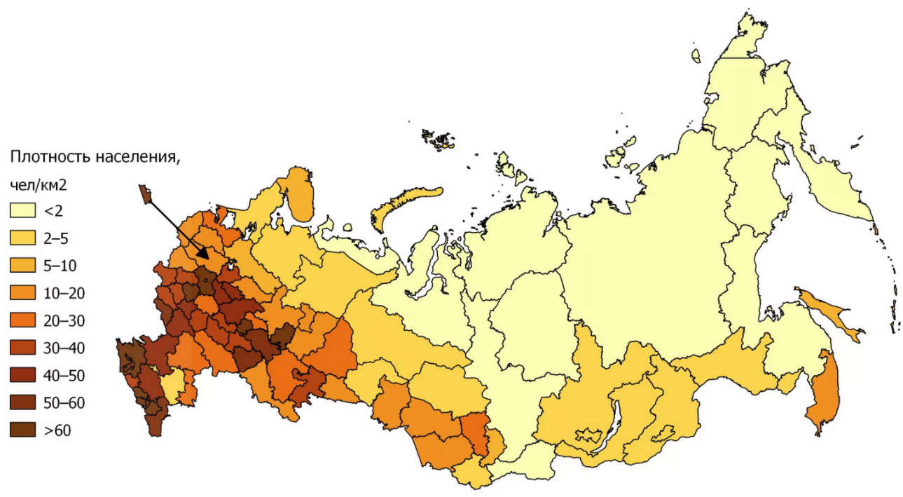 В каком регионе России средняя плотность населения наибольшая